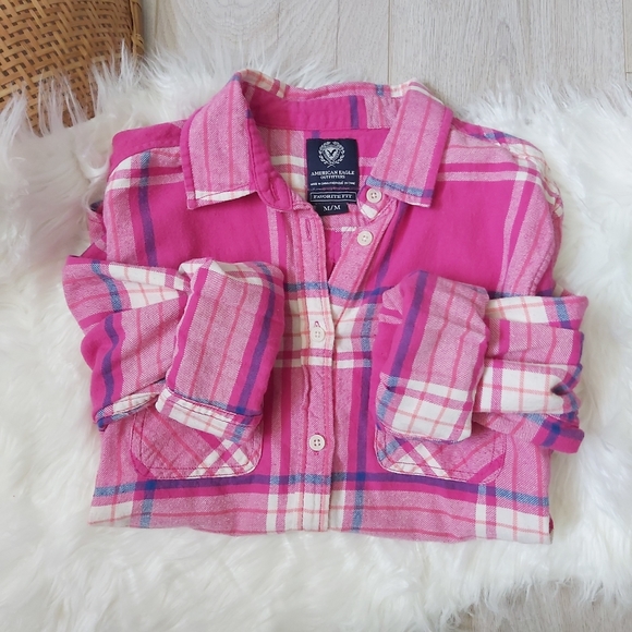 American Eagle Outfitters Tops - American Eagle Hot Pink Plaid Flannel Button Down